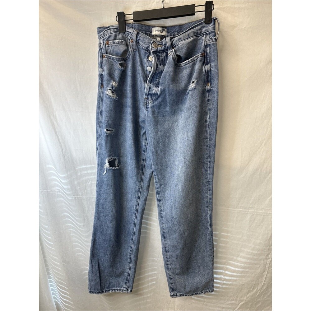 Pistola Distressed High Rise Straight Leg Jeans Blue Button Fly